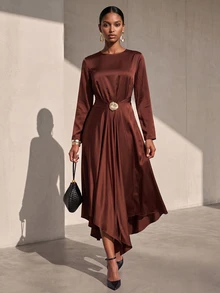 Vesra Satin Metal Buckle Wrapped Elegant Women's Long Dress - Coffee Brown - View 1