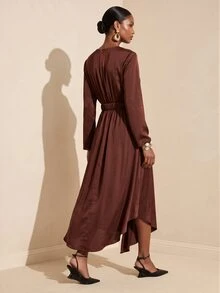 Vesra Satin Metal Buckle Wrapped Elegant Women's Long Dress - Coffee Brown - View 2