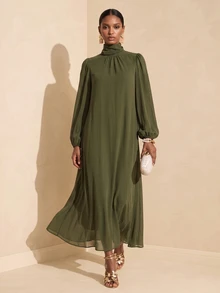Vesra Gaun Chiffon Elegan Wanita Warna Polos dengan Kerah Tinggi dan Lengan Lentera - Hijau - View 1