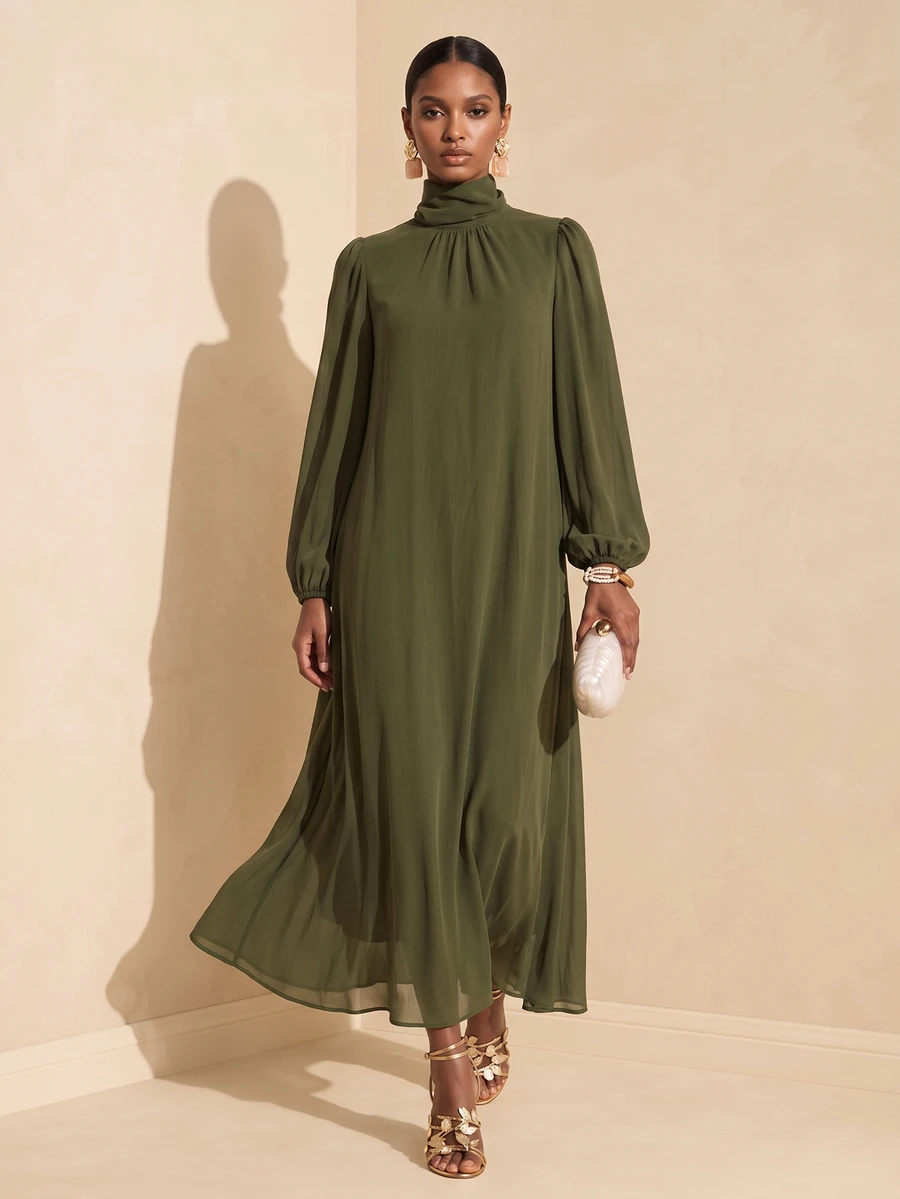 Vesra Gaun Chiffon Elegan Wanita Warna Polos dengan Kerah Tinggi dan Lengan Lentera - Hijau - View 1