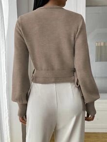 SHEIN Unity 花卉裹身式短版V領綁腰長泡泡袖休閒法式優雅女款毛衣 卡其色毛衣 早午餐 辦公室 秋季 - 卡其色 - 查看 2