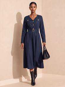 Vesra Women's Solid Color Long Sleeve Button Half-Placket Casual Long Dress - Blue - View 1