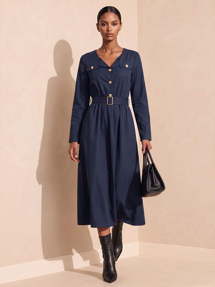Vesra Women's Solid Color Long Sleeve Button Half-Placket Casual Long Dress - Blue - View 1