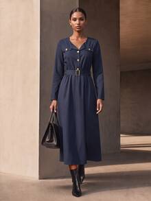 Vesra Women's Solid Color Long Sleeve Button Half-Placket Casual Long Dress - Blue - View 5