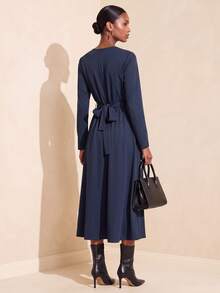 Vesra Women's Solid Color Long Sleeve Button Half-Placket Casual Long Dress - Blue - View 2