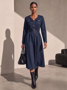 Vesra Women's Solid Color Long Sleeve Button Half-Placket Casual Long Dress - Blue - View 4