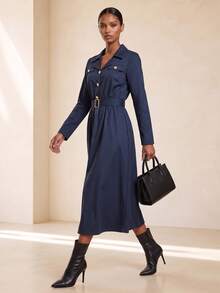 Vesra Women's Solid Color Long Sleeve Button Half-Placket Casual Long Dress - Blue - View 6