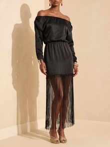 Vesra Women's Off-Shoulder Satin Cinched Waist Patchwork Tassel Long Sleeve Dress - Black - View 1