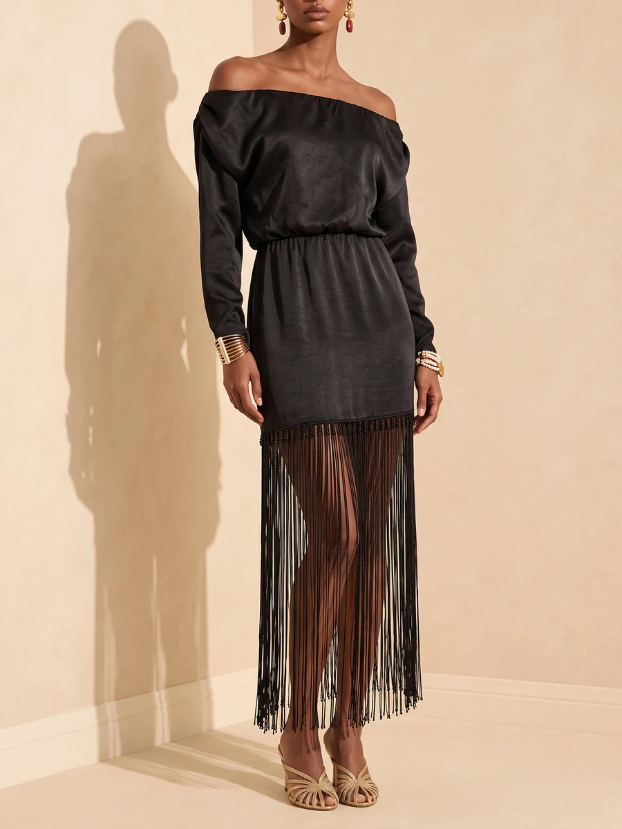 Vesra Women's Off-Shoulder Satin Cinched Waist Patchwork Tassel Long Sleeve Dress - Black - View 1