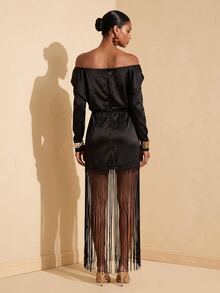 Vesra Women's Off-Shoulder Satin Cinched Waist Patchwork Tassel Long Sleeve Dress - Black - View 2