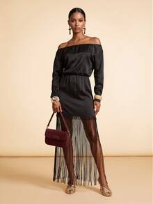 Vesra Women's Off-Shoulder Satin Cinched Waist Patchwork Tassel Long Sleeve Dress - Black - View 7