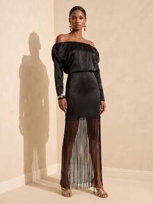 Vesra Women's Off-Shoulder Satin Cinched Waist Patchwork Tassel Long Sleeve Dress - Black - View 5