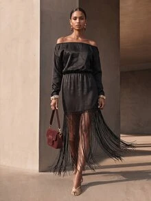 Vesra Women's Off-Shoulder Satin Cinched Waist Patchwork Tassel Long Sleeve Dress - Black - View 4