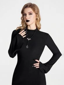 Breakform Women's Gothic Dark Style Semi-High Neck Black Fitted Bodycon Dress, Autumn/Winter Thick Ribbed Inner Layer Sexy Base Layer Asymmetrical Long Sleeve Short Dress - Black - View 7