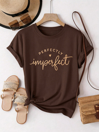 SHEIN LUNE PERFECTLY Imperfect Women's Fitted T-Shirt,Shades Of Brown Chocolate Summer Casual Holiday Top,Mother's Day Gift For Mom Sisters,Fashionable Occasion