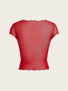 SHEIN ICON 女士拼色印花休閒短袖上衣，夏季 - 紅色 - 查看 2