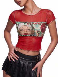 SHEIN ICON 女士拼色印花休閒短袖上衣，夏季 - 紅色 - 查看 3
