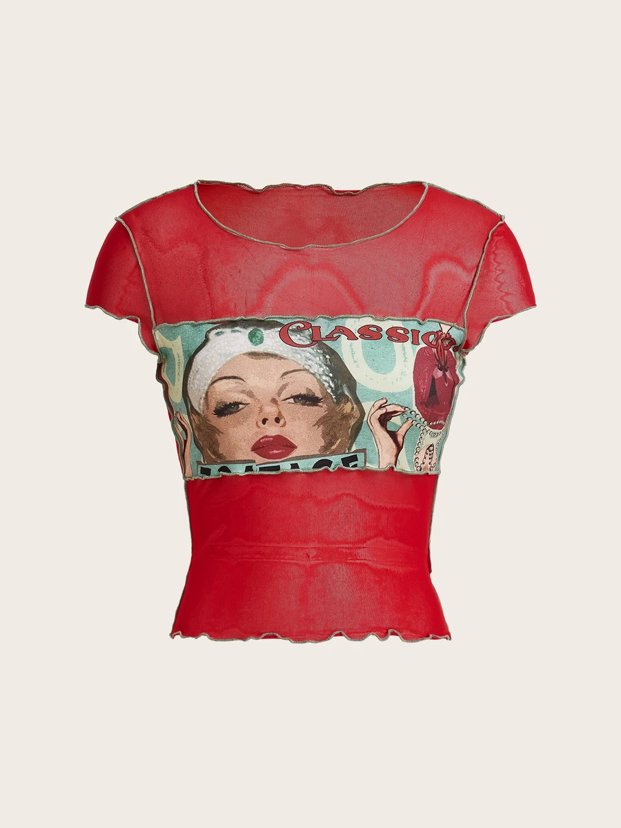 SHEIN ICON 女士拼色印花休閒短袖上衣,夏季 - 紅色 - 查看 1