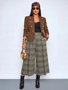 SOLERSUN Women's Summer Vintage Office Work Brunch Elegant Pattern Wide Leg Pants, Capris, Shorts (Random Floral) Grey Plaid - Grey - View 2