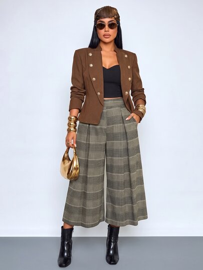 SOLERSUN Women's Summer Vintage Office Brunch Elegant Pattern Wide Leg Pants, Capris, Shorts (Random Floral) Grey Plaid