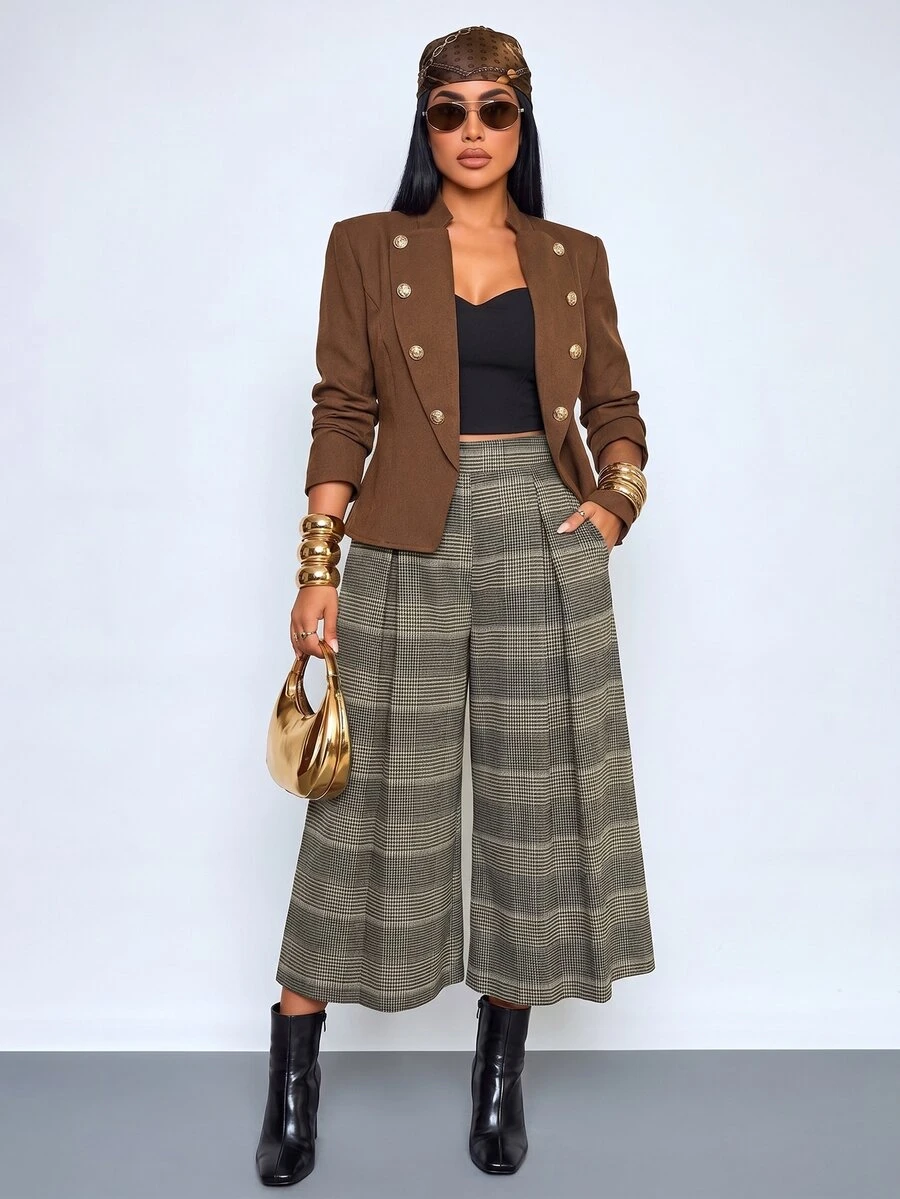 SOLERSUN Women's Summer Vintage Office Work Brunch Elegant Pattern Wide Leg Pants, Capris, Shorts (Random Floral) Grey Plaid