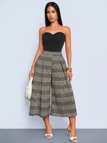 SOLERSUN Women's Summer Vintage Office Work Brunch Elegant Pattern Wide Leg Pants, Capris, Shorts (Random Floral) Grey Plaid - Grey - View 9
