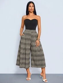 SOLERSUN Women's Summer Vintage Office Work Brunch Elegant Pattern Wide Leg Pants, Capris, Shorts (Random Floral) Grey Plaid - Grey - View 7