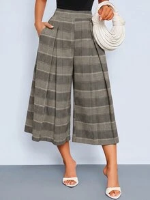 SOLERSUN Women's Summer Vintage Office Work Brunch Elegant Pattern Wide Leg Pants, Capris, Shorts (Random Floral) Grey Plaid - Grey - View 4