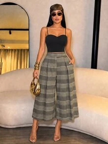 SOLERSUN Women's Summer Vintage Office Work Brunch Elegant Pattern Wide Leg Pants, Capris, Shorts (Random Floral) Grey Plaid - Grey - View 5