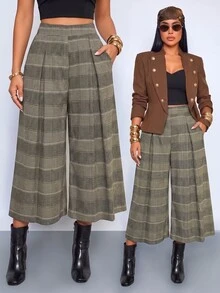 SOLERSUN Women's Summer Vintage Office Work Brunch Elegant Pattern Wide Leg Pants, Capris, Shorts (Random Floral) Grey Plaid - Grey - View 8