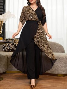 SHEIN Clasi 大尺碼女款拼色領口連身褲休閒日常穿著 - 黑色 - 查看 8