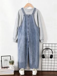 SHEIN 幼兒牛仔連身褲，中性款，四季適用，嬰兒藍復古色，休閒舒適風格，柔軟棉質，適合日常穿著、上學與冬季 - 中等水洗藍 - 查看 3