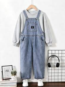 SHEIN 幼兒牛仔連身褲，中性款，四季適用，嬰兒藍復古色，休閒舒適風格，柔軟棉質，適合日常穿著、上學與冬季 - 中等水洗藍 - 查看 8
