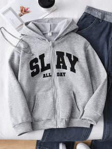 Tween女孩 8-13歲 灰色 Slay 字母印花抓絨拉鍊連帽衛衣 長袖外套上衣 秋冬校園日常街頭穿搭服飾 - 灰色 - 查看 3