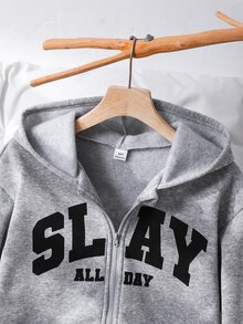 Tween女孩 8-13歲 灰色 Slay 字母印花抓絨拉鍊連帽衛衣 長袖外套上衣 秋冬校園日常街頭穿搭服飾 - 灰色 - 查看 6