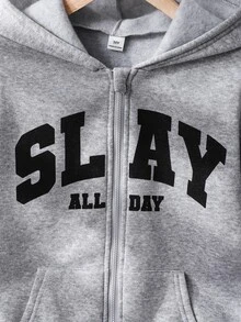 Tween女孩 8-13歲 灰色 Slay 字母印花抓絨拉鍊連帽衛衣 長袖外套上衣 秋冬校園日常街頭穿搭服飾 - 灰色 - 查看 8