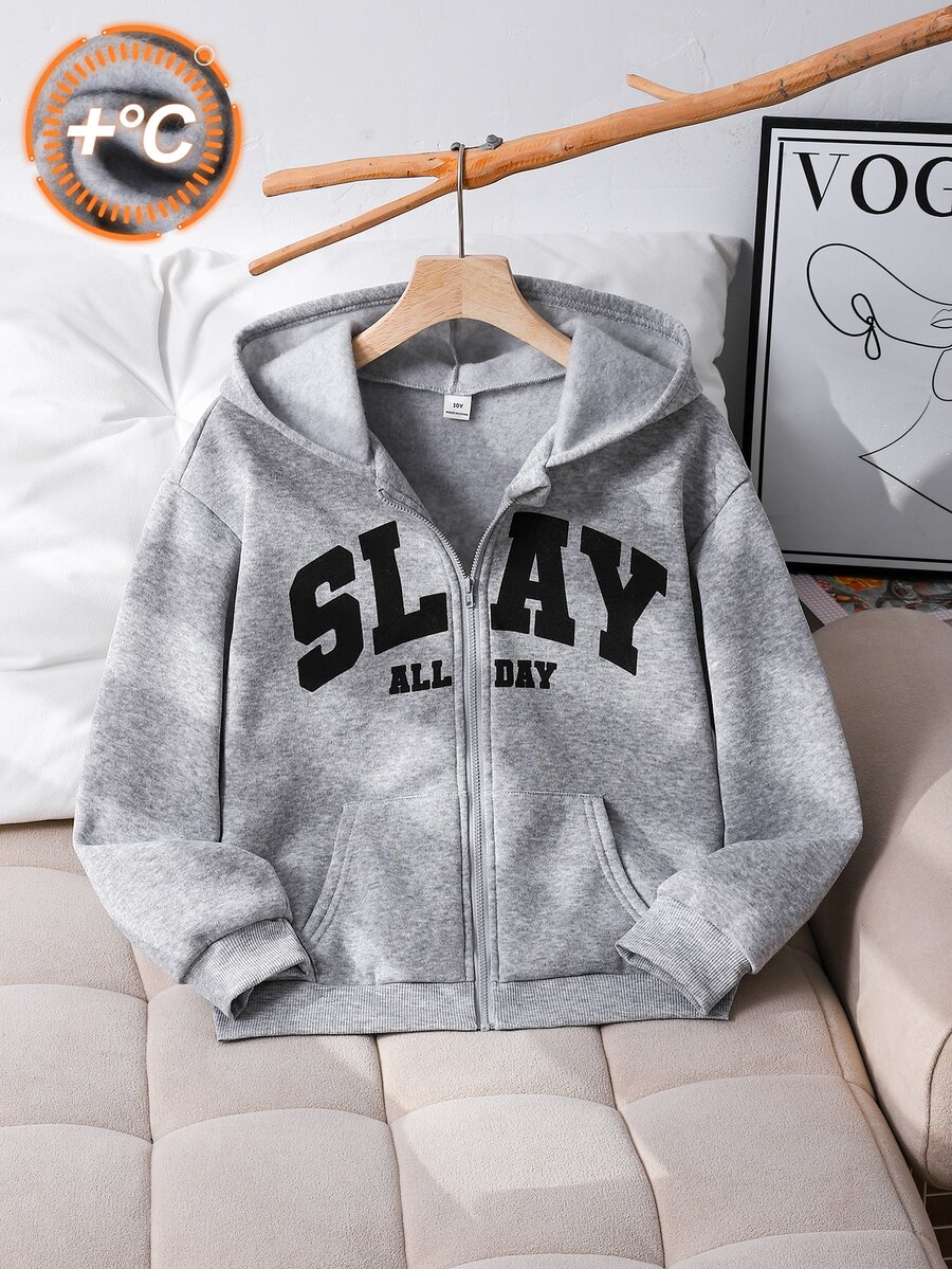 Tween女孩 8-13歲 灰色 Slay 字母印花抓絨拉鍊連帽衛衣 長袖外套上衣 秋冬校園日常街頭穿搭服飾 - 灰色 - 查看 1