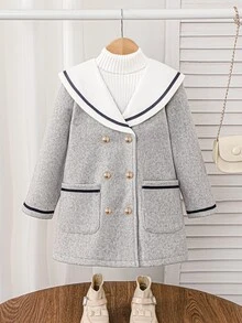 SHEIN Elladie kids 女童水手領撞色飾邊雙排扣羊毛大衣，雙口袋設計，可愛粗花呢外套，適合秋冬返校穿著，灰色 - 淺灰色 - 查看 6