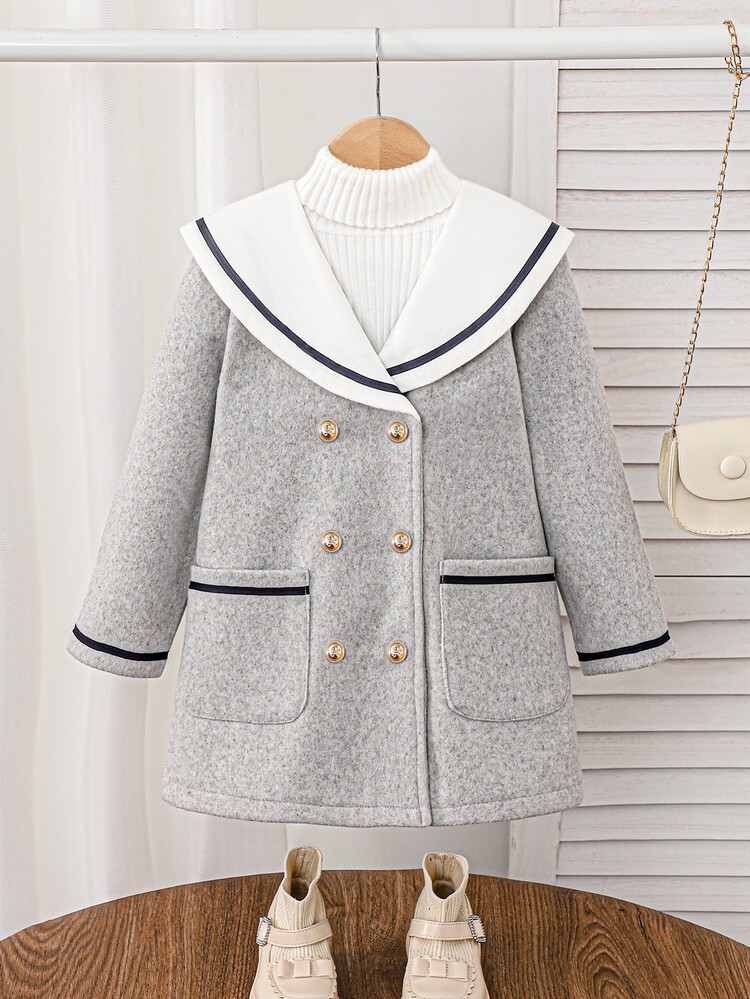 SHEIN Elladie kids Young Girl Sailor Collar Contrast Trim Double Breasted Woolen Coat With Dual Pockets, Cute Tweed Jacket For Autumn & Winter Back To School,Gray - Light Grey - View 5