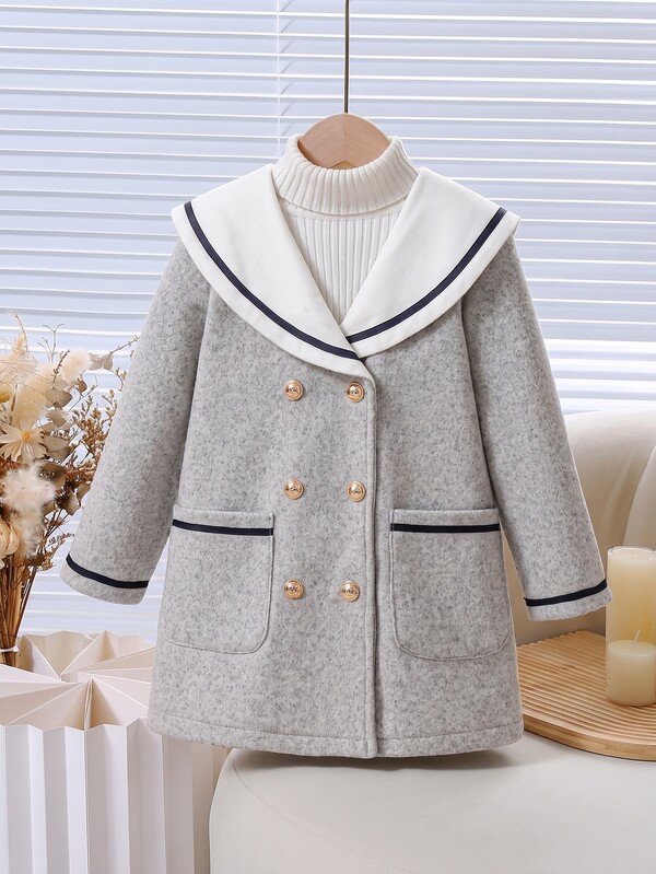 Young Girl Sailor Collar Contrast Trim Double Breasted Woolen Coat With Dual Pockets, Cute Tweed Jacket For Autumn & Winter Back To School,Gray