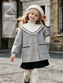 SHEIN Elladie kids 女童水手領撞色飾邊雙排扣羊毛大衣，雙口袋設計，可愛粗花呢外套，適合秋冬返校穿著，灰色 - 淺灰色 - 查看 4