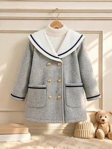 SHEIN Elladie kids 女童水手領撞色飾邊雙排扣羊毛大衣，雙口袋設計，可愛粗花呢外套，適合秋冬返校穿著，灰色 - 淺灰色 - 查看 5