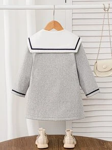 SHEIN Elladie kids 女童水手領撞色飾邊雙排扣羊毛大衣，雙口袋設計，可愛粗花呢外套，適合秋冬返校穿著，灰色 - 淺灰色 - 查看 3