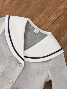 SHEIN Elladie kids 女童水手領撞色飾邊雙排扣羊毛大衣，雙口袋設計，可愛粗花呢外套，適合秋冬返校穿著，灰色 - 淺灰色 - 查看 7