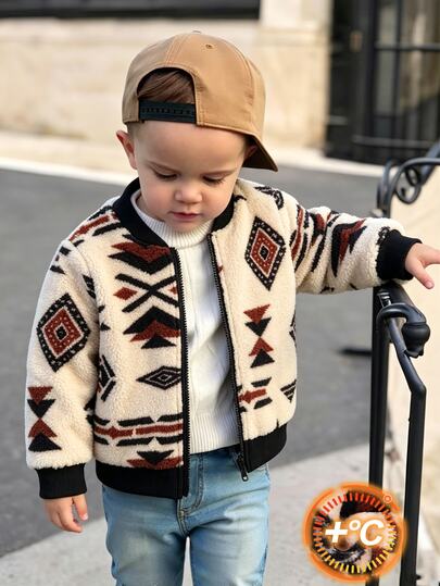 1pc Boys New Arrival Energetic Plush Totem Floral Long Sleeve Zip-Up Cardigan Jacket, Fashionable Fleece Totem Floral, Comfortable Fabric, Stylish Fit, Autumn/Winter New Style, Suitable For Multiple Seasons And Occasions, Young Boy Outfit, Boys Summer/Autumn Set, Suitable For Daily Wear, School And Other Occasions