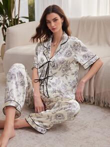 Moireta Elegant Vintage Floral Print Contrast Color Tie Bow Satin Women's Pajama Set - Beige - View 2