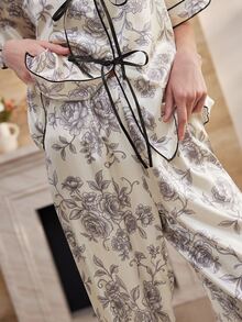 Moireta Elegant Vintage Floral Print Contrast Color Tie Bow Satin Women's Pajama Set - Beige - View 4