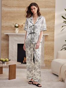 Moireta Elegant Vintage Floral Print Contrast Color Tie Bow Satin Women's Pajama Set - Beige - View 5