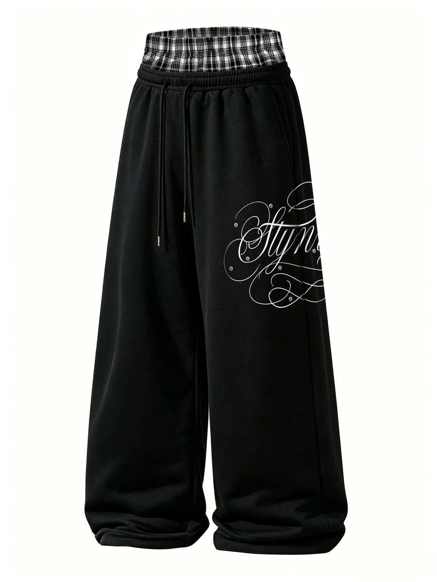 STYNVO Men's Letter Print Plaid Patchwork Sweatpants - Black - View 1