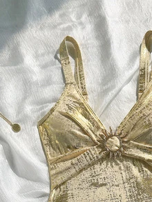 SHEIN Swim 條紋特殊面料交叉式連身泳衣 - 金色 - 查看 6